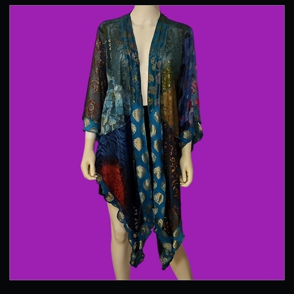 STERLING STYLES 1990s Mixed Print Metallic Patchwork Assymetric Kimono - Picture 1 of 11